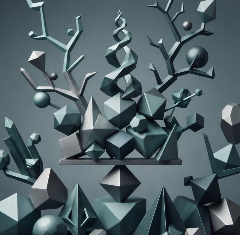Abstract 3D geometric shapes representing balance and growth, in desaturated slate and teal tones, under crisp studio light.