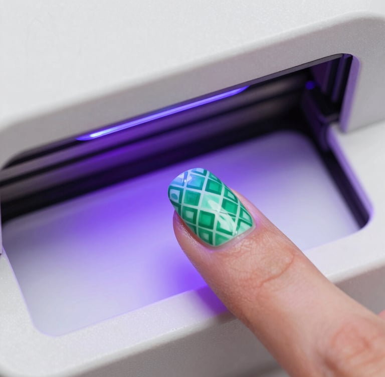 Macro close-up of a finger inside a sleek white UV-printing chamber, bright violet light curing an intricate green and mint geometric pattern onto the nail, sharp focus