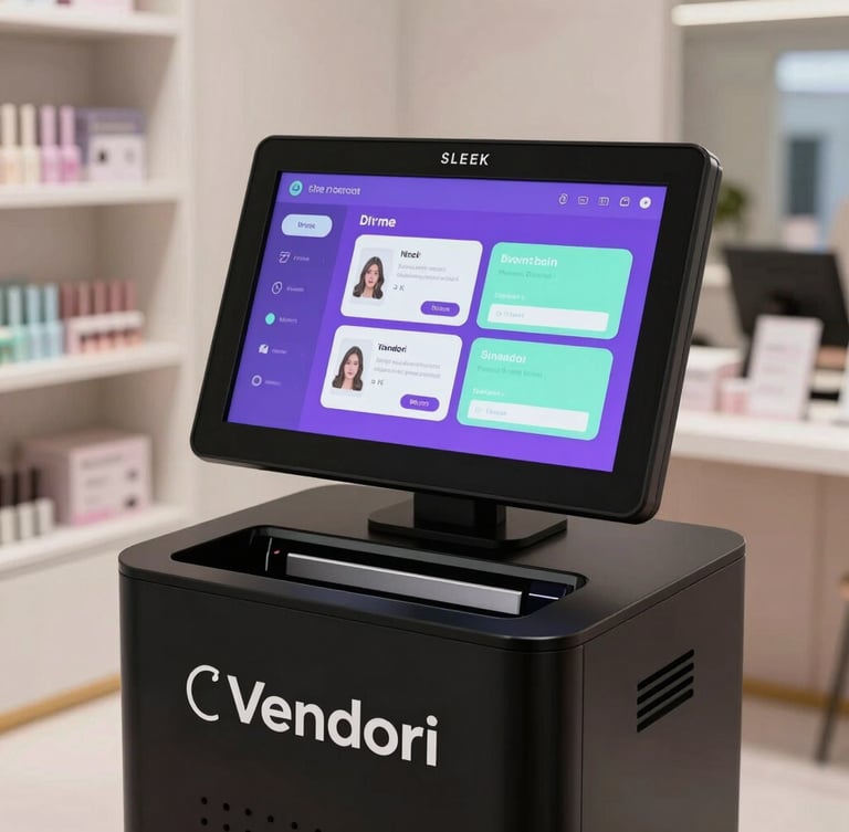 Sleek matte-black Vendori DIY nail printing kiosk standing in a modern retail space, vibrant touchscreen interface glowing with violet and mint UI.