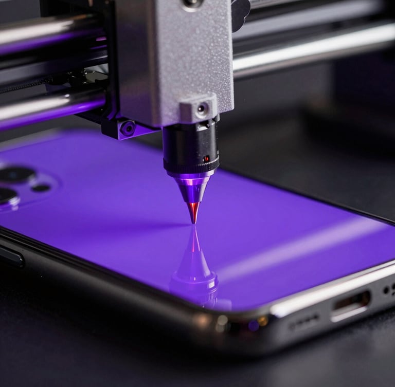 Macro close-up of a high-precision UV printer nozzle applying a vibrant custom design onto a phone case, glowing violet light, modern tech aesthetic.