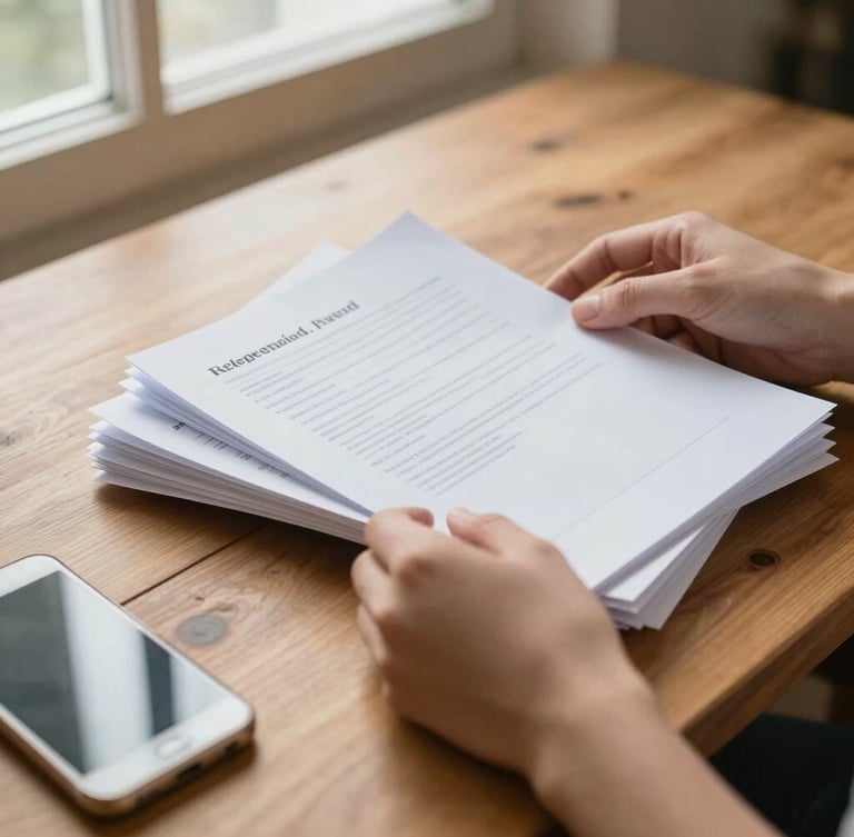 A close-up of hands organizing clean personal documents and a smartphone on a warm wooden table, soft natural window light, authentic everyday setting, 35mm lens.