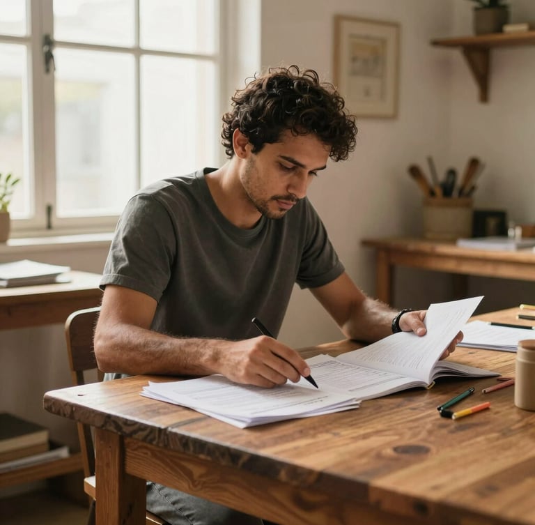 A focused Brazilian small business owner organizing documents at a wooden table in a sunlit workshop, warm natural light, authentic lifestyle photography