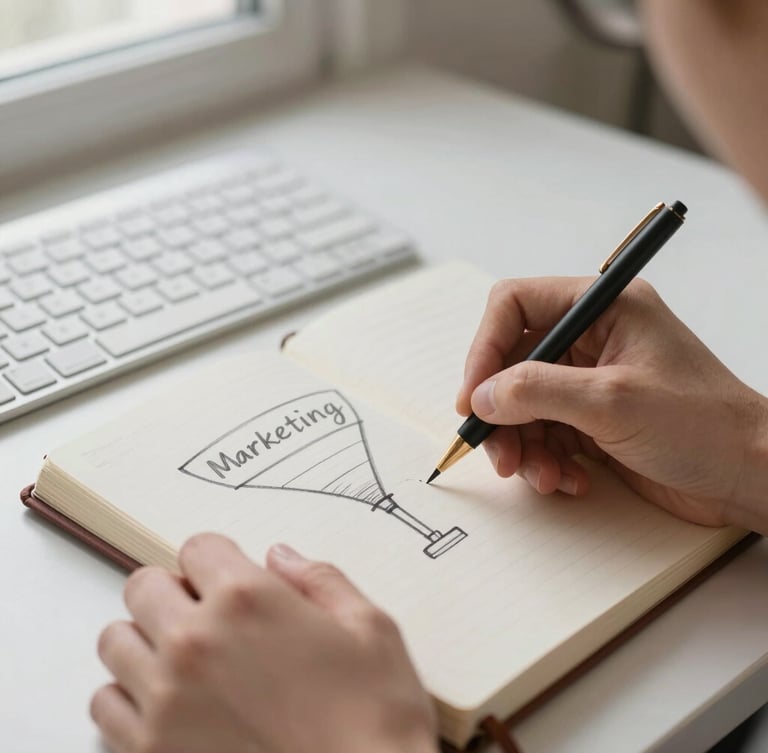 Close-up of hands sketching a marketing funnel in a physical notebook next to a keyboard, soft natural light, muted neutral background, shallow depth of field