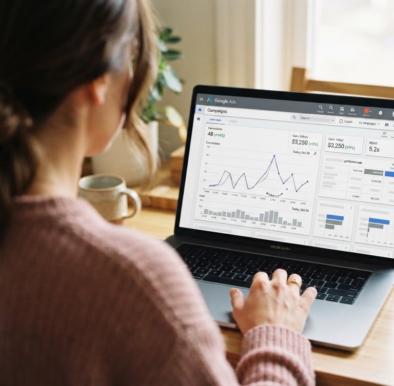 Over-the-shoulder macro shot of a live Google Ads dashboard showing real-time conversion graphs, soft natural light, warm neutral tones, 35mm