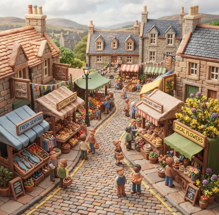 A vibrant 3D claymorphic render of a miniature Aberdeen market street, isometric perspective, soft studio lighting on warm granite and gorse colored stalls, clean clay textures, high-quality isometric composition.