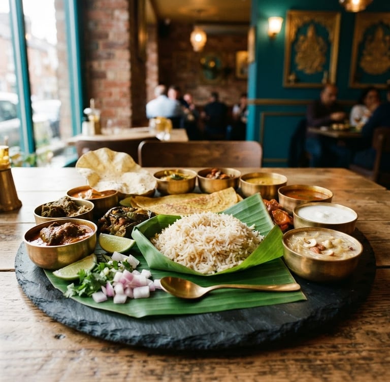 A beautifully plated traditional Godavari thali on a dark slate plate, warm ambient restaurant lighting, gold accents, close-up shot, 35mm
