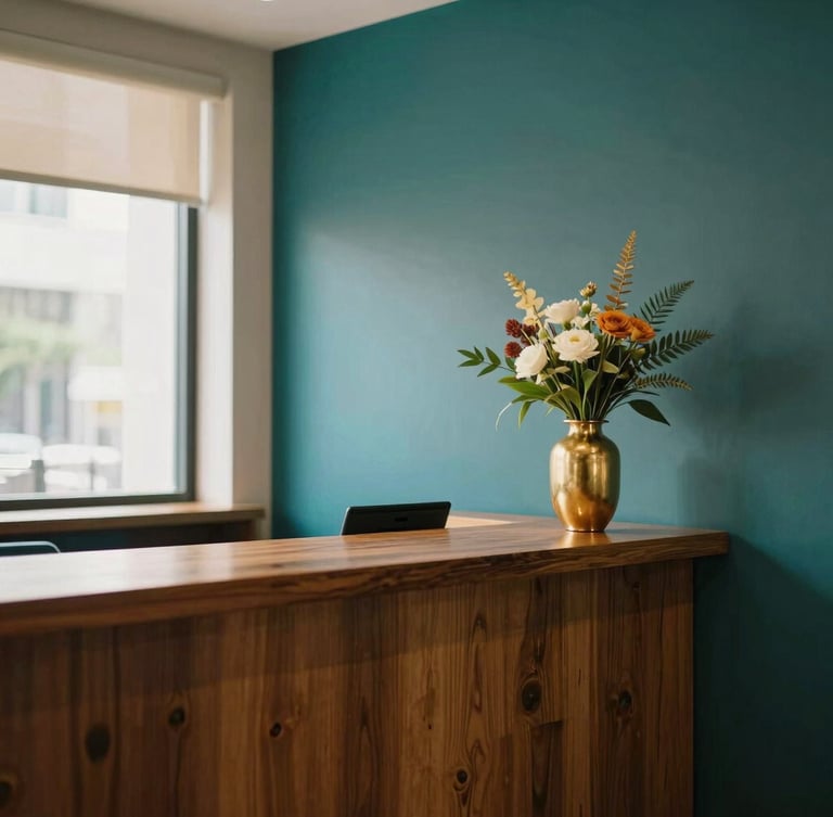 Warmly lit hotel lobby corner with a polished wooden concierge desk, a gold vase with local flowers, elegant minimal decor, 35mm