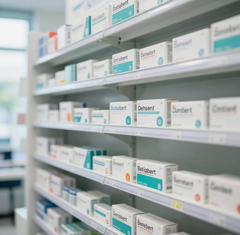 Organized clean pharmacy shelves with white and teal medicine packaging, bright natural lighting, professional setting, 35mm