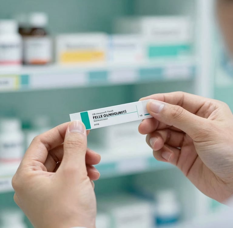 Close-up detail of a pharmacist hands holding a clean generic medicine strip, bright clean lighting, soft teal background, professional focus