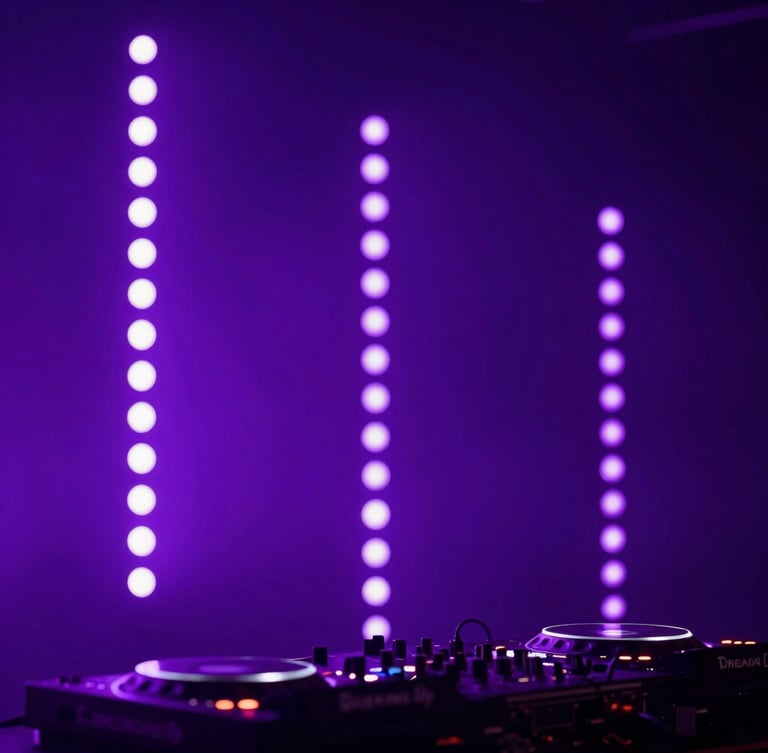 Close-up of professional DJ equipment and vertical LED lighting arrays glowing in deep purple, atmospheric haze, concert lighting setup, 35mm lens