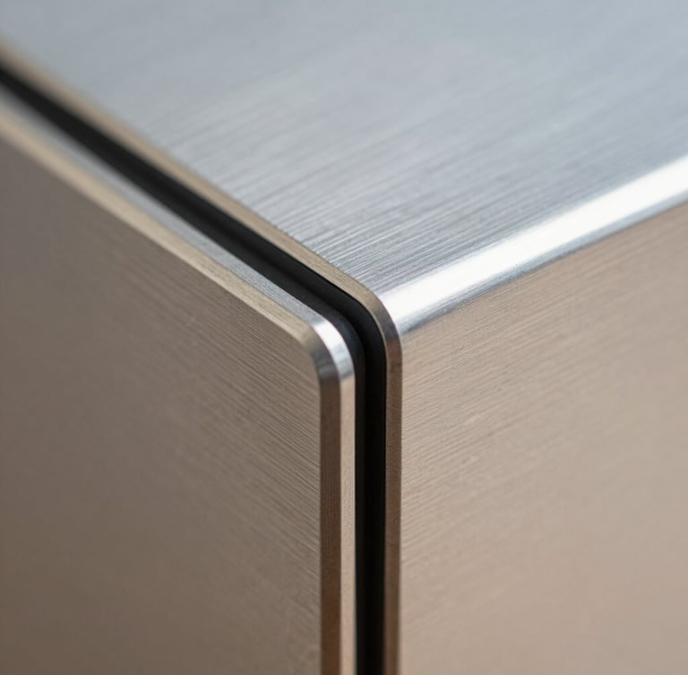 Extreme macro close-up of brushed titanium device chassis edges reflecting sharp, diffuse architectural daylight, clean geometric lines, high-end product photography style.