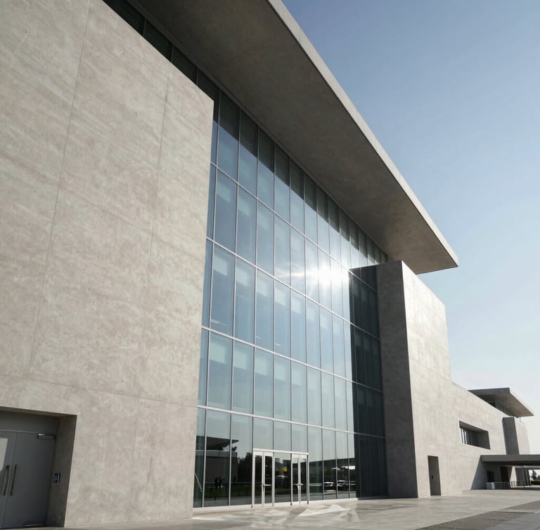 Sleek, modern architectural detail of the Dubai Airport Freezone, clean concrete facades, massive structural glass reflecting a clear sky, dramatic shadows, wide cinematic angle.