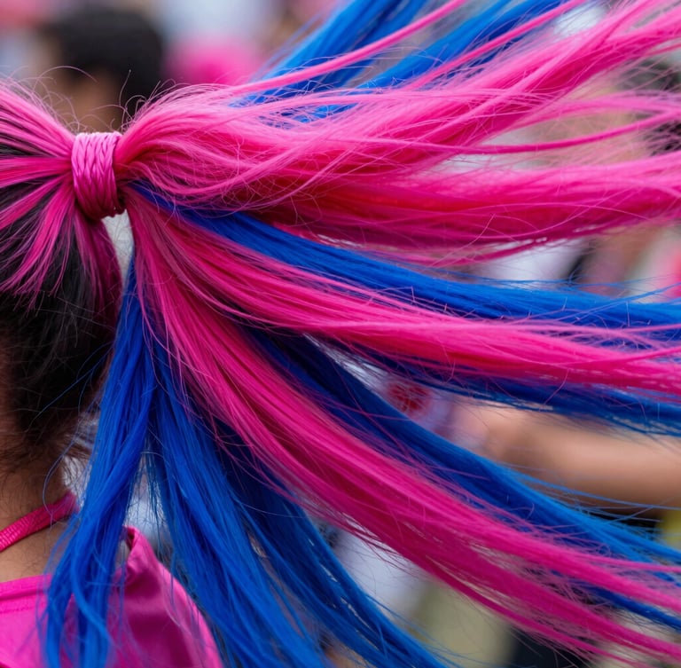 Dynamic close-up of vibrant Kanekalon ponytails in motion, rich saturated pinks and deep blues, sharp detail, 35mm lens