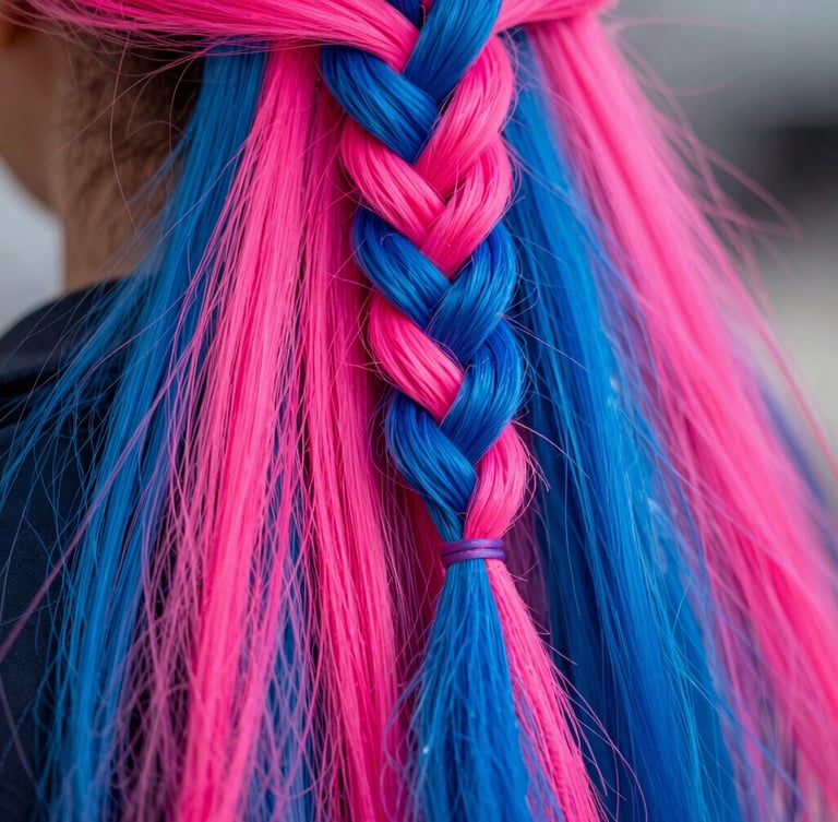 Close-up of vibrant Kanekalon ponytail with neon pink and electric blue strands woven together, dynamic studio lighting, rich saturated colors, sharp detail