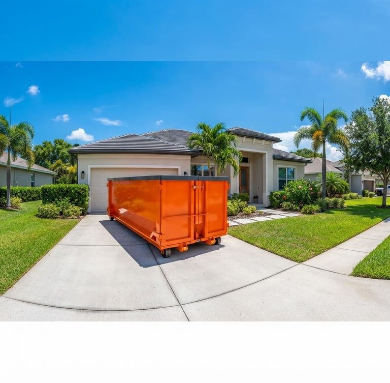Wide panoramic shot of a clean, branded safety-orange roll-off dumpster neatly placed on a suburban driveway, bright direct Florida sunlight, crisp shadows, green lawn, modern house in the background. Low horizon.