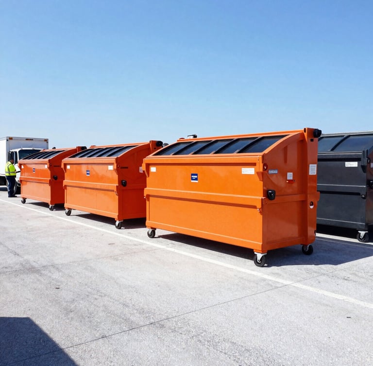 Wide-angle shot of a clean, branded roll-off dumpster yard in Orlando, Florida, with several safety-orange dumpsters neatly stacked, under bright direct Florida sunlight, crisp shadows. A professional driver in high-visibility gear is visible near a truck, ready for dispatch.