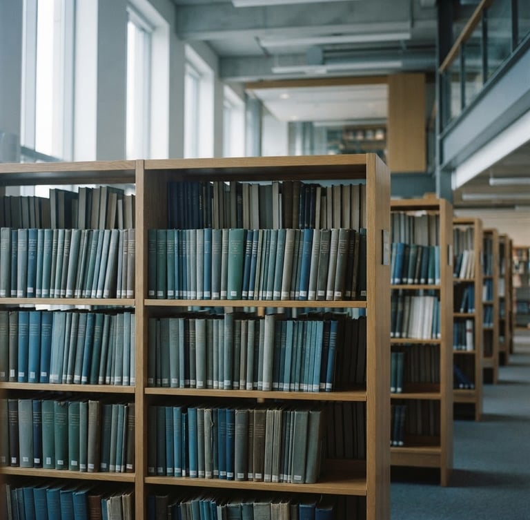 A quiet, modern university library archive with natural light streaming through high windows, focused on rows of neatly organized academic journals on wooden shelves, desaturated cool tones.