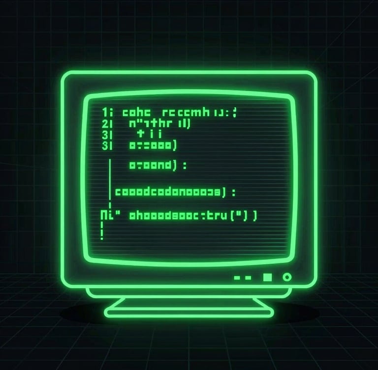 Vector line illustration of a glowing green CRT monitor showing code structures, synthwave grid background, high contrast neon outlines