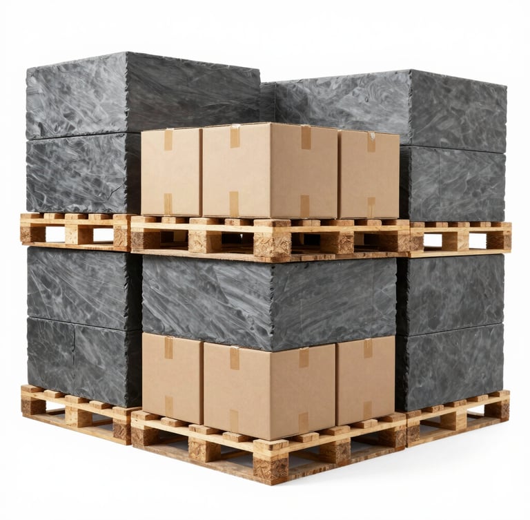 Wide-angle clean warehouse shot, structured wooden pallets stacked with cardboard boxes ready for shipping, cool slate-grey tones, bright high-key studio lighting, sharp focus