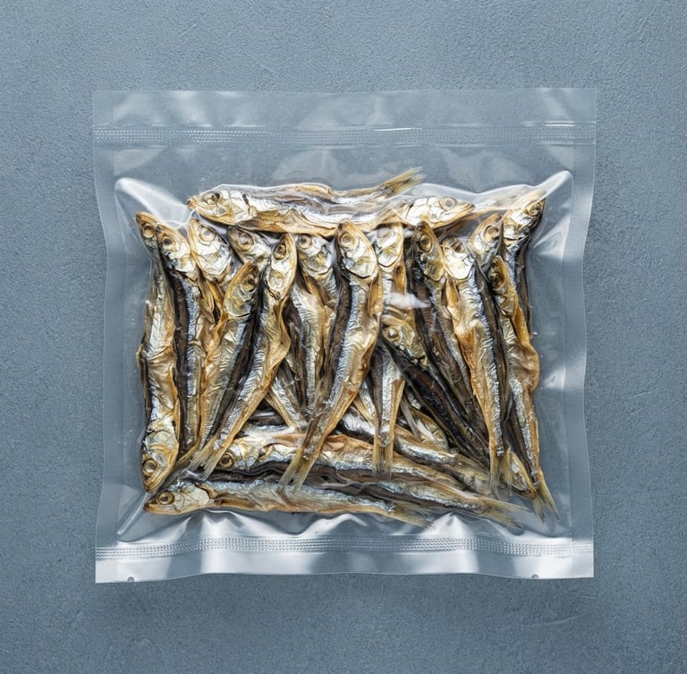 Straight-on studio shot of vacuum-packed dried fish on a cool slate-grey background, sharp focus, technical product photography, 50mm