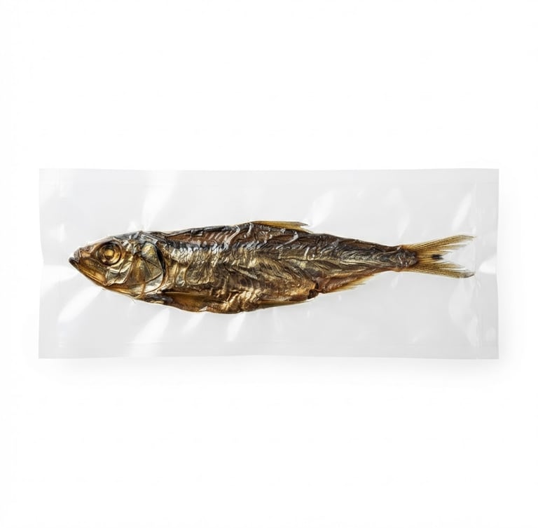 Straight-on technical product photography of vacuum-packed dried fish on clean white background, bright high-key studio lighting, 50mm, sharp focus