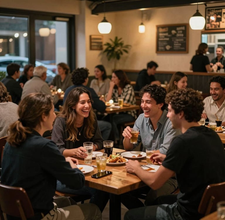 Wide environmental shot of a bustling neighborhood restaurant dining room at night, guests laughing over drinks, warm ambient glow, soft focus on human interaction