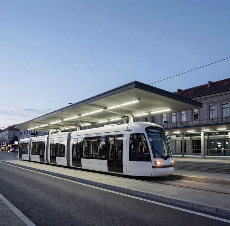 Crisp architectural photography of a modern tram station in Cluj-Napoca during blue hour, desaturated urban tones, sharp focus, clean geometric lines