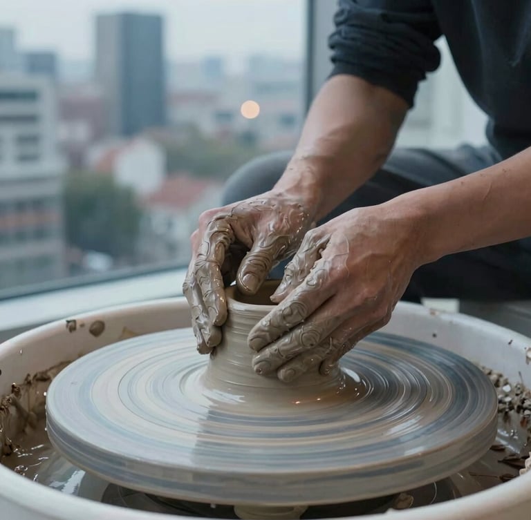 Straight-on close-up of hands shaping raw clay on a pottery wheel, soft overcast daylight, sharp focus on textured clay, desaturated urban tones