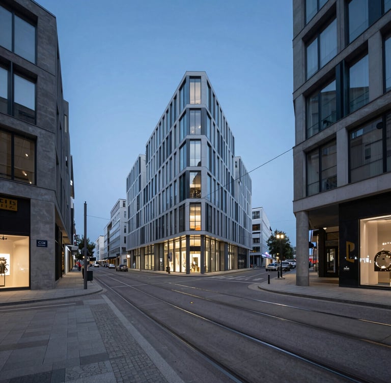 Crisp architectural photography of a modern European city street at blue hour, sharp perspective lines, tram tracks in the foreground, minimal desaturated urban tones