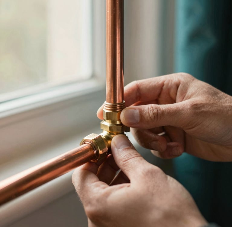 Tight editorial macro shot of hands installing clean copper piping with brass fittings, warm residential light, shallow depth of field, 35mm.