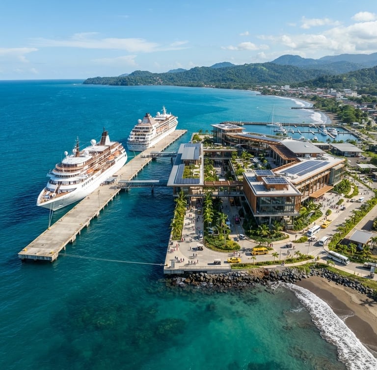 Aerial panoramic drone shot of a modern luxury cruise port terminal in Limon Costa Rica, bright natural coastal sunlight, turquoise ocean water, clean architectural lines, high-end editorial
