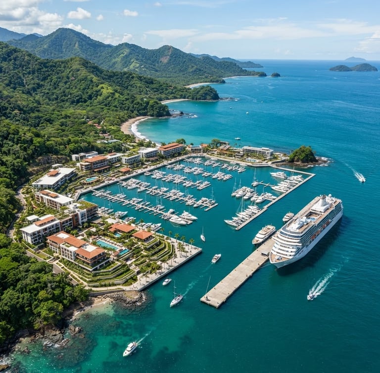 Aerial drone shot of a modern luxury marina and cruise ship port in Costa Rica, bright coastal sunlight, turquoise ocean water, architectural renders integrated with lush green coastline