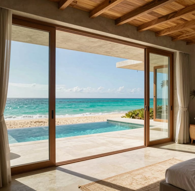 Luxury waterfront villa interior with floor-to-ceiling glass doors opening to a private pool and the turquoise Caribbean sea, warm sand tones, architectural concrete and sustainable wood, bright morning light