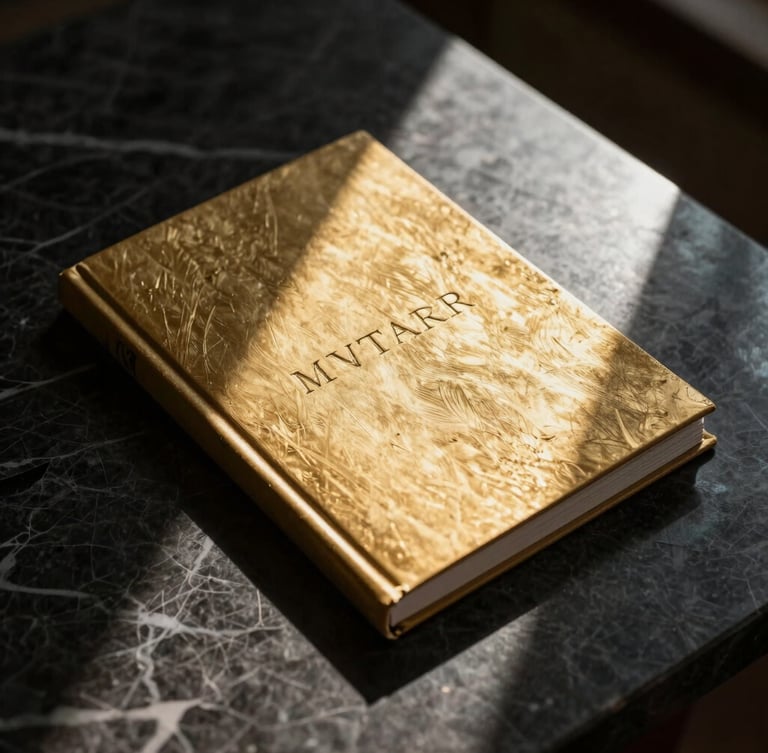 Dramatic chiaroscuro portrait of a premium embossed gold-leaf brand book resting on a dark, heavily veined marble surface, sharp directional sunlight casting deep shadows.