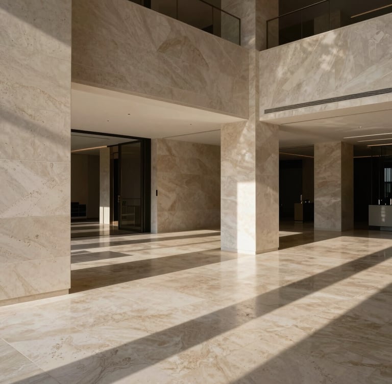 Wide cinematic view of a luxury minimalist lobby in Dubai, sharp directional afternoon light casting long geometric shadows on travertine stone, high-contrast, elite architectural atmosphere.