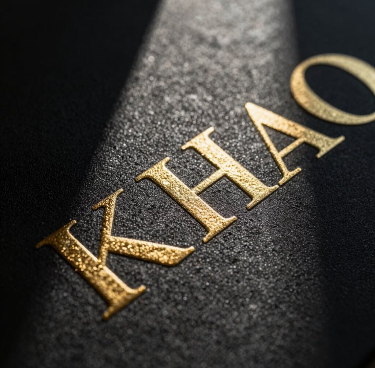 Macro close-up of a high-contrast physical brand asset with embossed gold foil lettering, dramatic directional sunlight casting sharp shadows, luxurious texture.