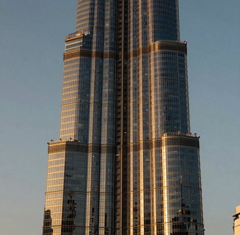 Cinematic portrait of a modern, towering glass skyscraper in Dubai during twilight, sharp contrast, deep shadows, golden light reflecting off the facade.