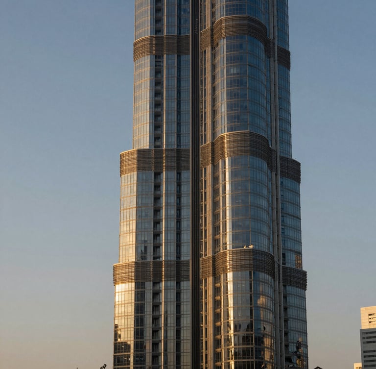 Wide cinematic editorial shot of an ultra-modern concrete and glass skyscraper in Dubai during twilight, sharp directional light casting dramatic shadows, negative space on the left.