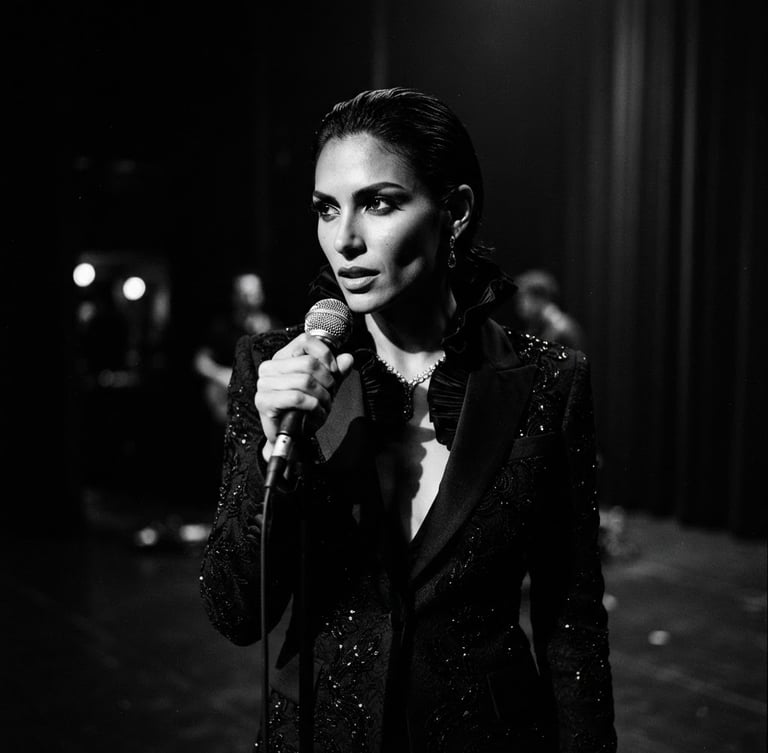 Moody cinematic black and white portrait of a performer, low-key chiaroscuro lighting, deep shadows, elegant high-fashion editorial style, 35mm lens.