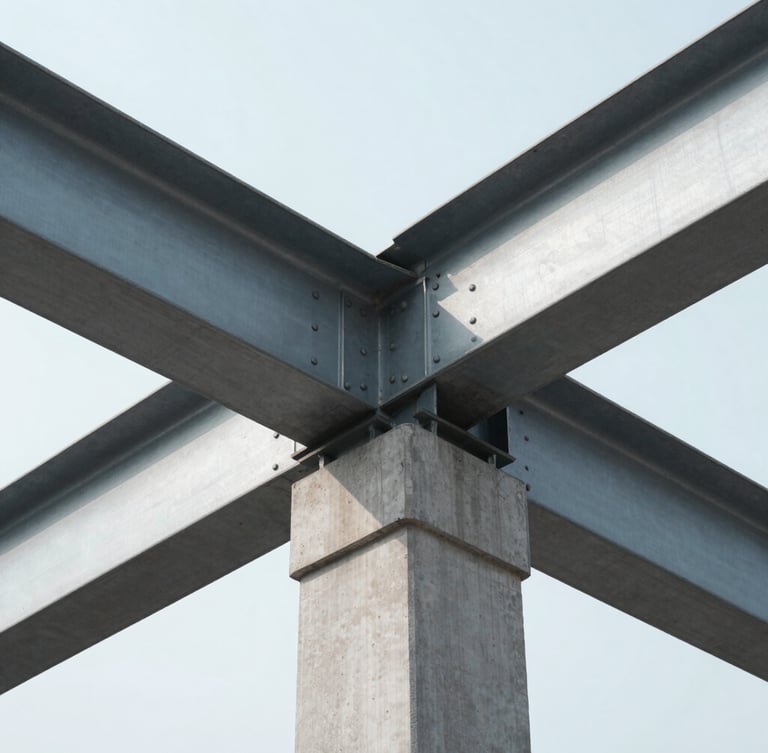 A clean, high-contrast architectural close-up of steel beams and concrete joints meeting at precise geometric angles under crisp, cool daylight.