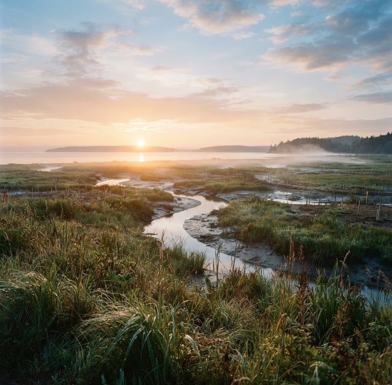 Wide environmental landscape of a coastal wetland restoration site during sunrise, soft golden mist rising off the water, native grasses in the foreground, expansive sky, 35mm film style.