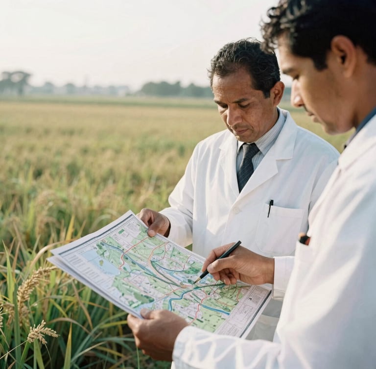 A close-up of a scientist and a local community leader reviewing environmental maps together in a sunlit field, morning daylight, natural organic tones, 35mm film style