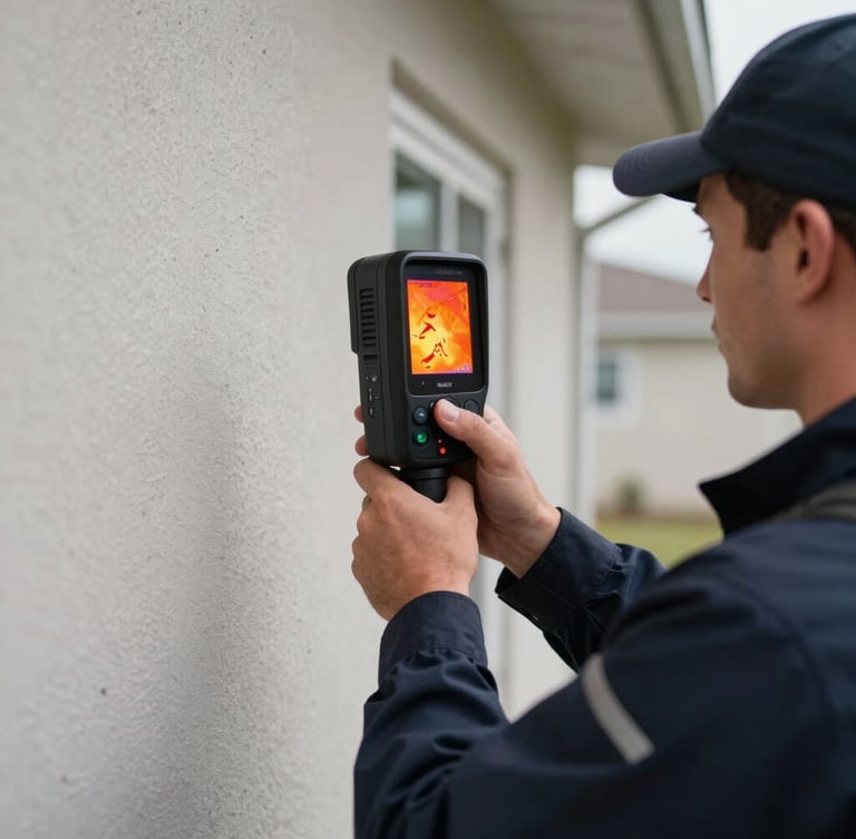 A close-up of a technician in a dark navy Guardian uniform holding a thermal imaging camera against a residential drywall, bright orange heat signatures of nesting activity visible on the screen, crisp daylight.