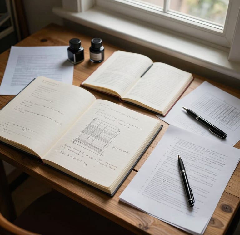 Overhead flat-lay of a wooden drafting table covered in open sketchbooks, ink bottles, steel nib pens, and draft manuscripts under natural window light.