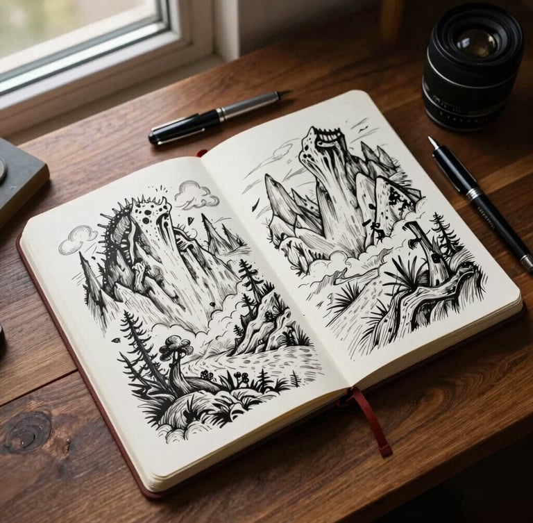 Overhead flat-lay of an open sketchbook on a dark oak drafting table, showing detailed ink drawings of mythical landscapes, a fountain pen resting on the margins, warm natural window light from the left.
