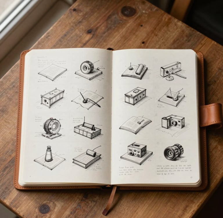 A straight-on vertical shot of an open leather-bound sketchbook resting on a rustic oak drafting table, filled with raw ink drafts and editorial markup in the margins, soft window light.