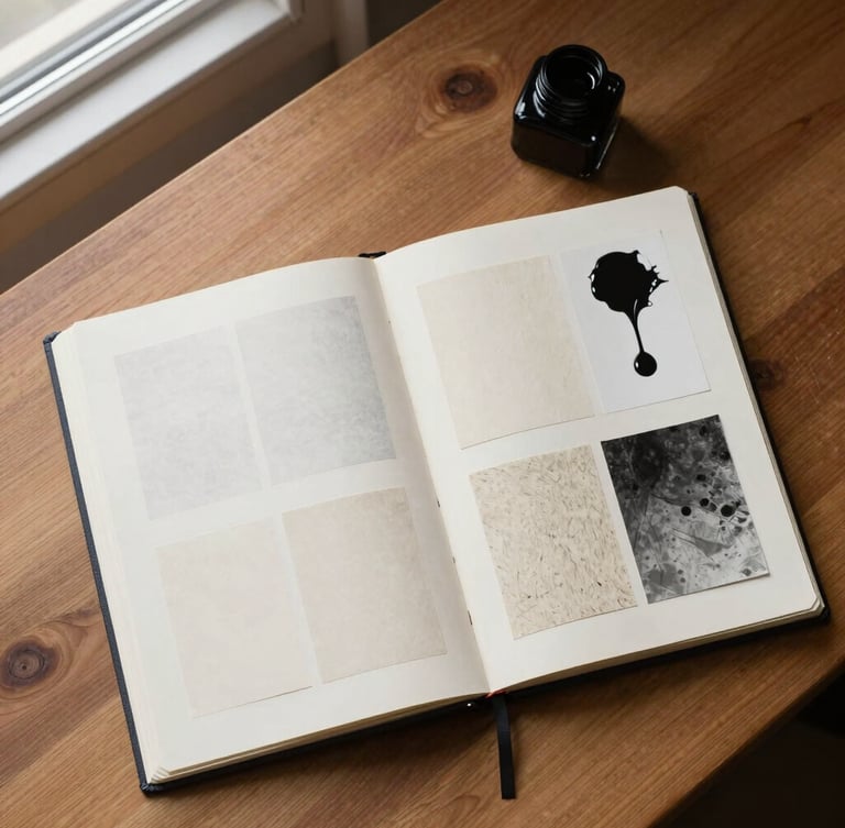 Overhead flat-lay of a wooden drafting table with open sketchbooks, textured paper scans, and pools of black india ink under soft window light.