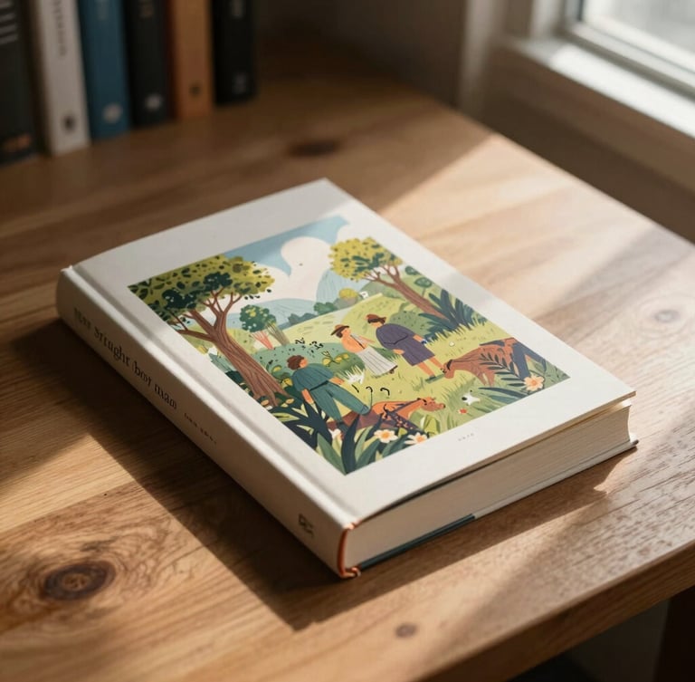 Straight-on physical book mockup of an illustrated novel resting on a wooden studio desk, natural window light casting soft organic shadows, emphasizing the rough paper texture.