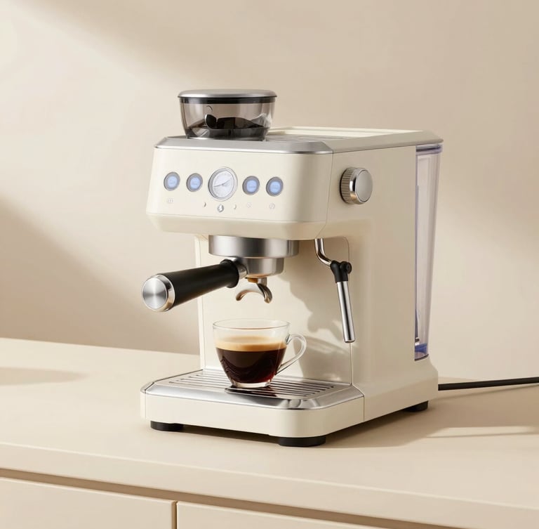 Sleek modern espresso machine on a minimalist cream counter, soft morning light reflecting off metallic accents, rich crema in a ceramic cup nearby, professional product photography