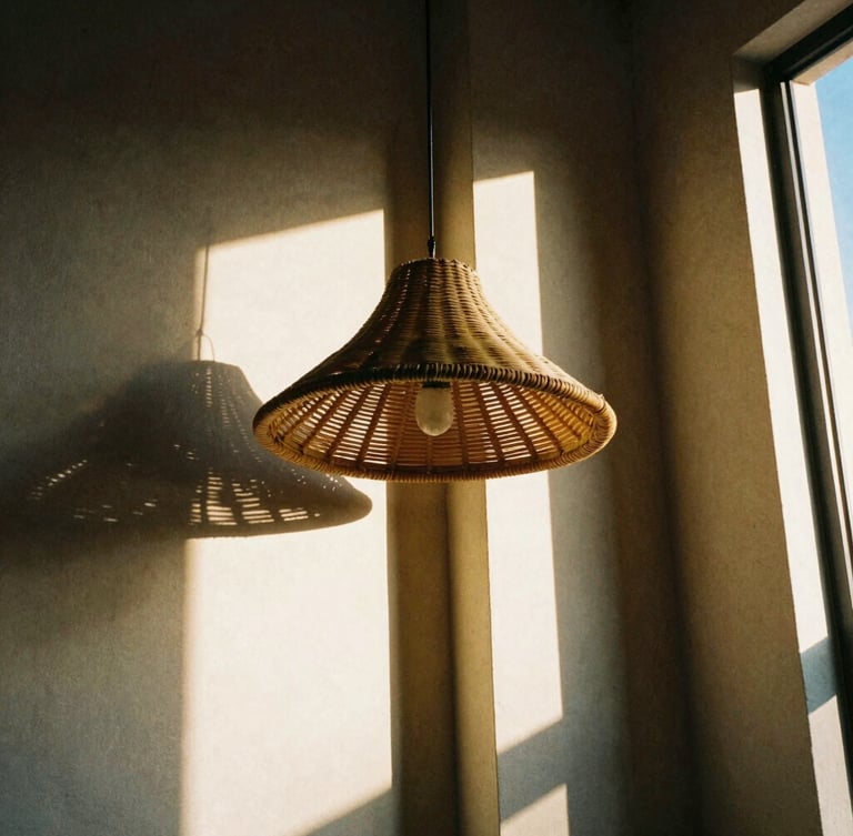 Close-up of a hand-woven rattan join under low-angle late-afternoon window light, casting long architectural shadows on plaster walls, medium format film.